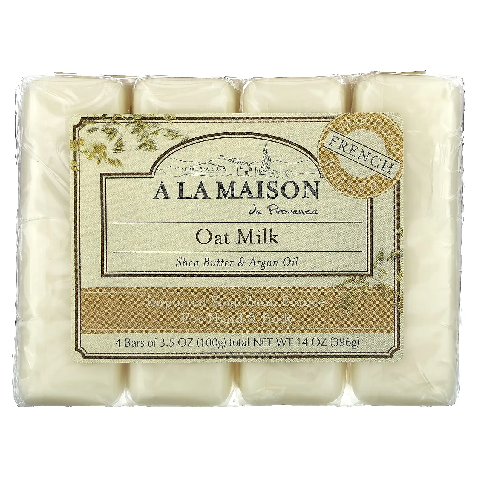 A La Maison de Provence Hand & Body Bar Soap, Oat Milk, 4 Bars, 3.5 oz (100 g) Each