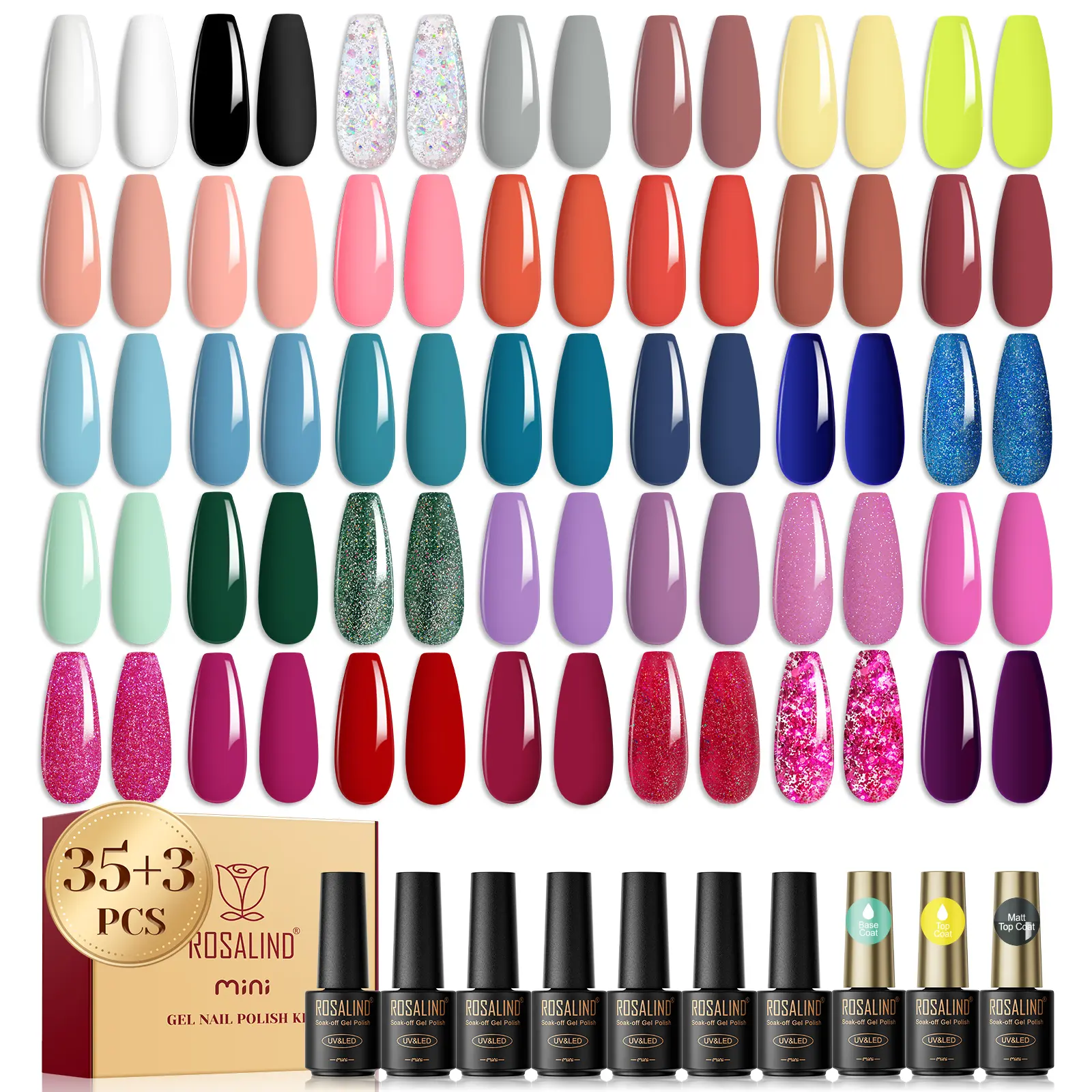 Gel Nail Polish Set, 38-Piece Manicure Kit with 35 Colors including Red, White & Black, Base Coat, and Glossy & Matte Top Coats, Long-Lasting Soak Off UV LED Cosmetic for Durable Nail Care, Durability, High Shine, Vibrant, Multi-Pack, Nail Art, Diy Nails