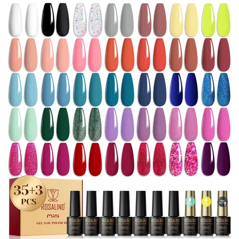 38-Piece Cosmetic Gel Nail Polish Set - 35 Vibrant Solid Colors (Red, White, Black), Base Coat, Glossy-Matte Top Coats, Low Odor Toxin-Free Bottles, Long-Lasting Soak-Off UV Flashlight LED Lights, Nail Care for DIY Use