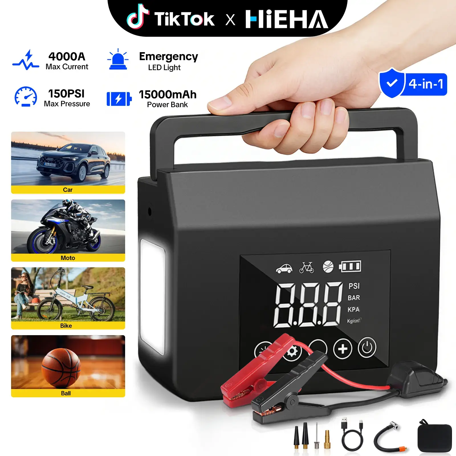 【Eleacc】2026 All-Season Savior – 4000A Car Jump Starter with 150PSI Tire Inflator, 15000mAh Power Bank & LED Light, Reliable in -20°F, Compatible with Most Cars & Trucks, For All Driving Situations