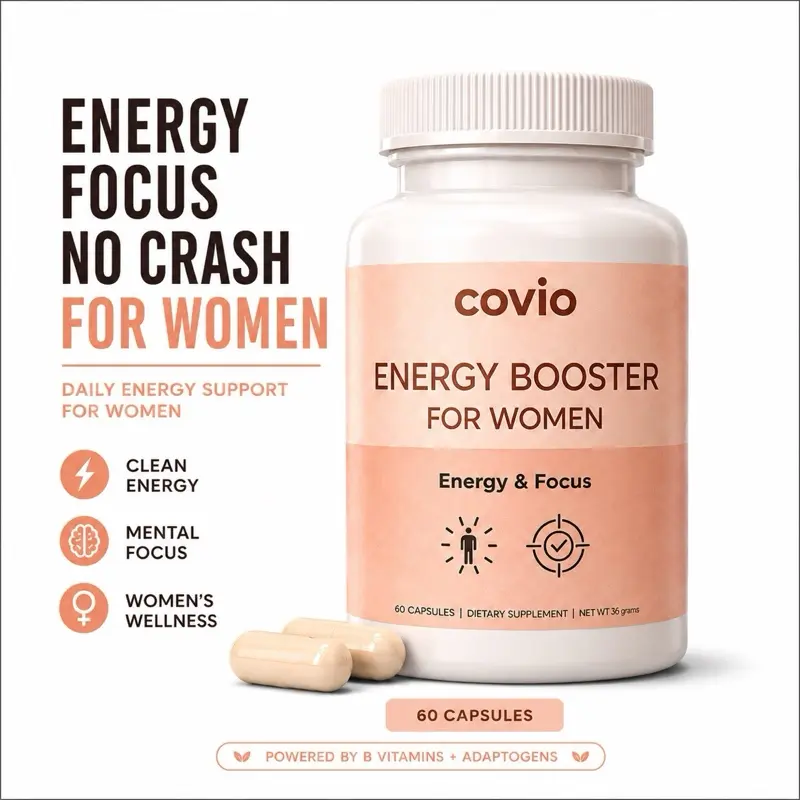Energy Booster and Focus for Women - 60 Capsules with B Vitamins - Caffeine for Energy Focus and Stress Reduction