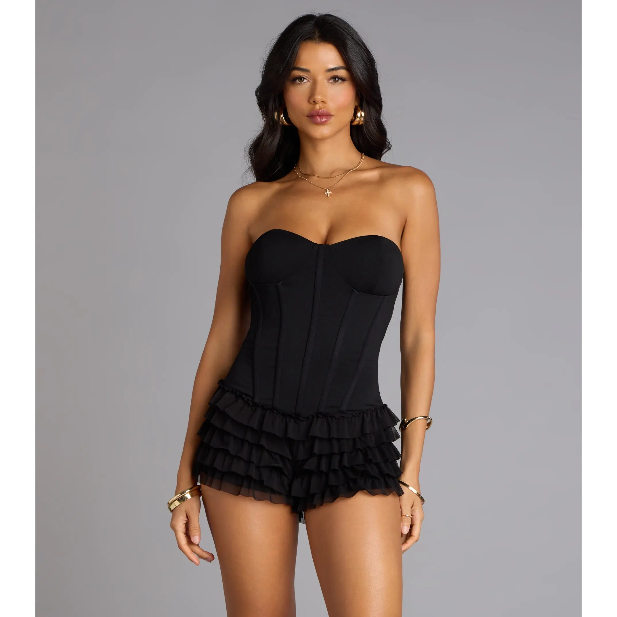 Playful Trouble Lace-Up Ruffle Romper