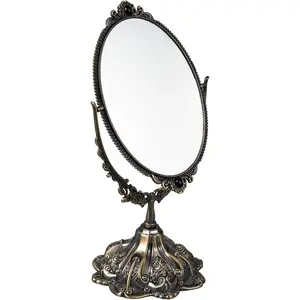 Small Metal  Makeup Mirror Floral Tabletop Oval  Swivel Double Sided Mirror with Stand Elegant Decorative for Dressing Room Bedroom (Bronze)
