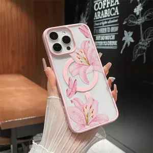 Original Design Magnetic Compatible Case for iPhone 17 Pro Max / 16 / 15 / 14 / 13 / 12 / 11 / XS / XR – Pink Butterfly Lily | Stylish Rugged Scratch-Resistant Silicone Cover