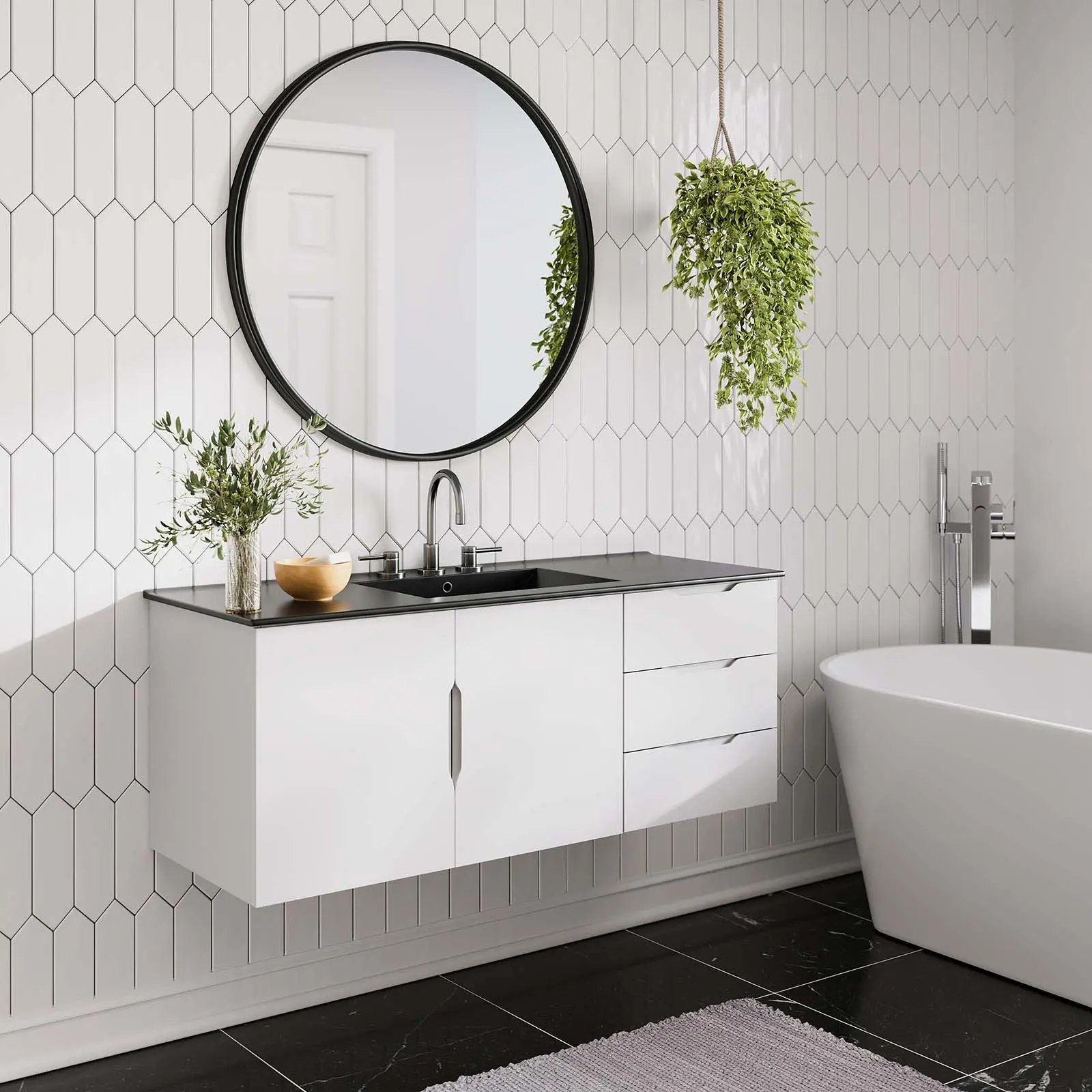 Modway Vitality 48" Single Sink White-Black Bathroom Vanity - Modern Fixture Set with Storage Cabinet, Bathroom Storage Cabinet, Modern Bathroom Fixture Sets