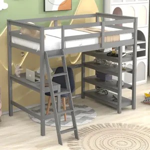 desk bed Loft Bed Twin with desk,ladder,shelves , Grey