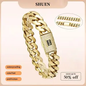 14K Gold Vacuum Plated Stainless Steel With Copper Black "S" Ear Flip Clasp Miami Cuban Link Chain 14mm Bracelet Italy Mexico & Micro Inspired for Women & Men Luxury Jewelry,Daily Wear,Fashion,Classic,Hip Hop,Simple,Sporty,Lgbt