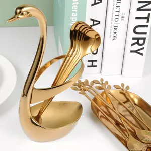 Stainless Steel Coffee Spoon Swan Pattern Base with Coffee Spoon, Dessert Spoon Swan Decoration Rack Combination Desktop Decoration, Suitable for Coffee, Fruit, Moon Cake, Cake, Family, Hotel, and Parties Cutlery Set