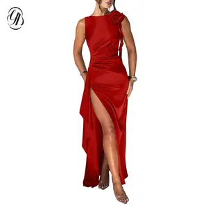 OYV Women's Sleeveless Crew Neck Backless Ruched High Split Party Maxi Dress