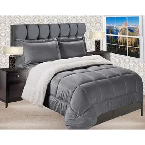 Premium Quality Heavy Weight Micromink Sherpa-Backing Reversible Down Alternative Micro-Suede 3-Comforter Set, King, Grey
