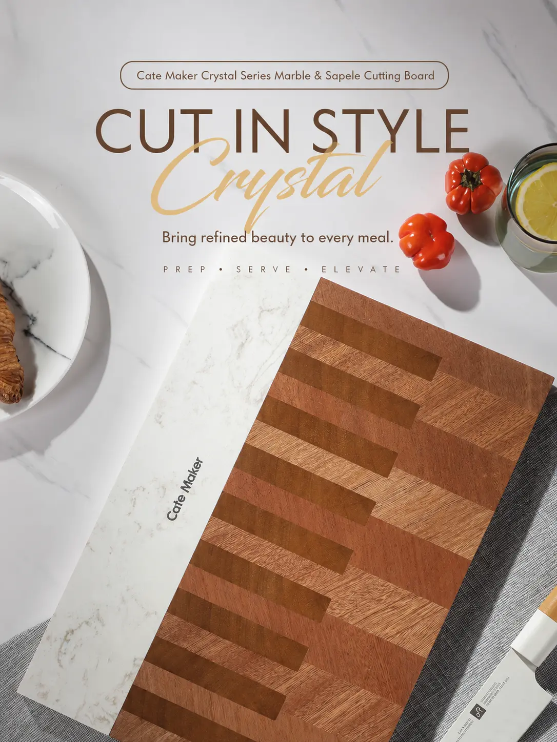 Cate Maker Crystal Series Marble & Sapele Wood Cutting Board