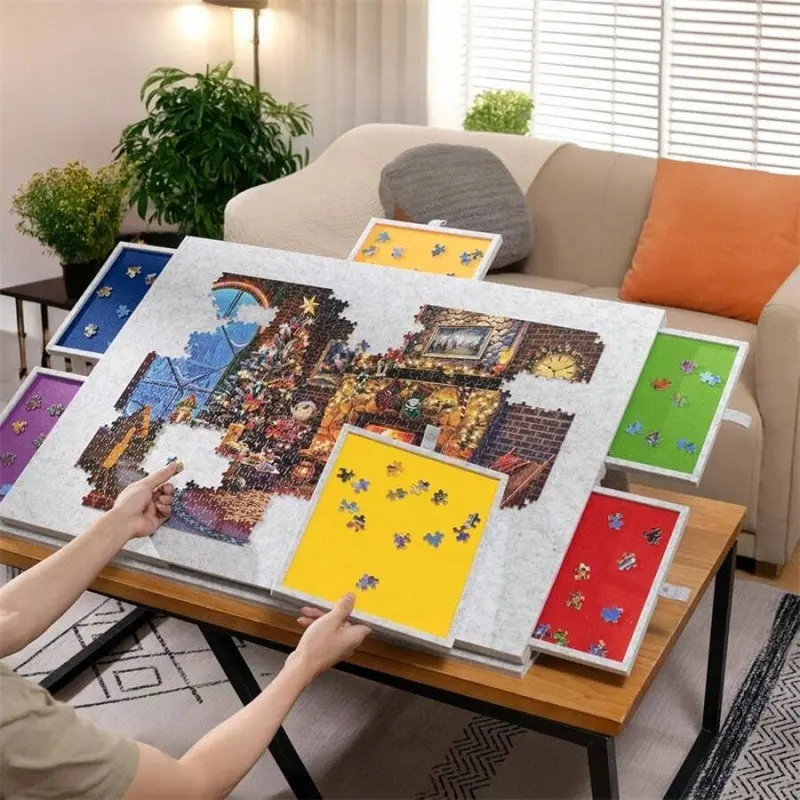Portable Puzzle Game Table for 1000-1500pcs Puzzles, Rotating Light Grey/Dark Grey, 6 Colorful Drawers, Felt Board, 2-In-1 Stand With Lid, Lightweight Durable Polyester, Ideal For Adults