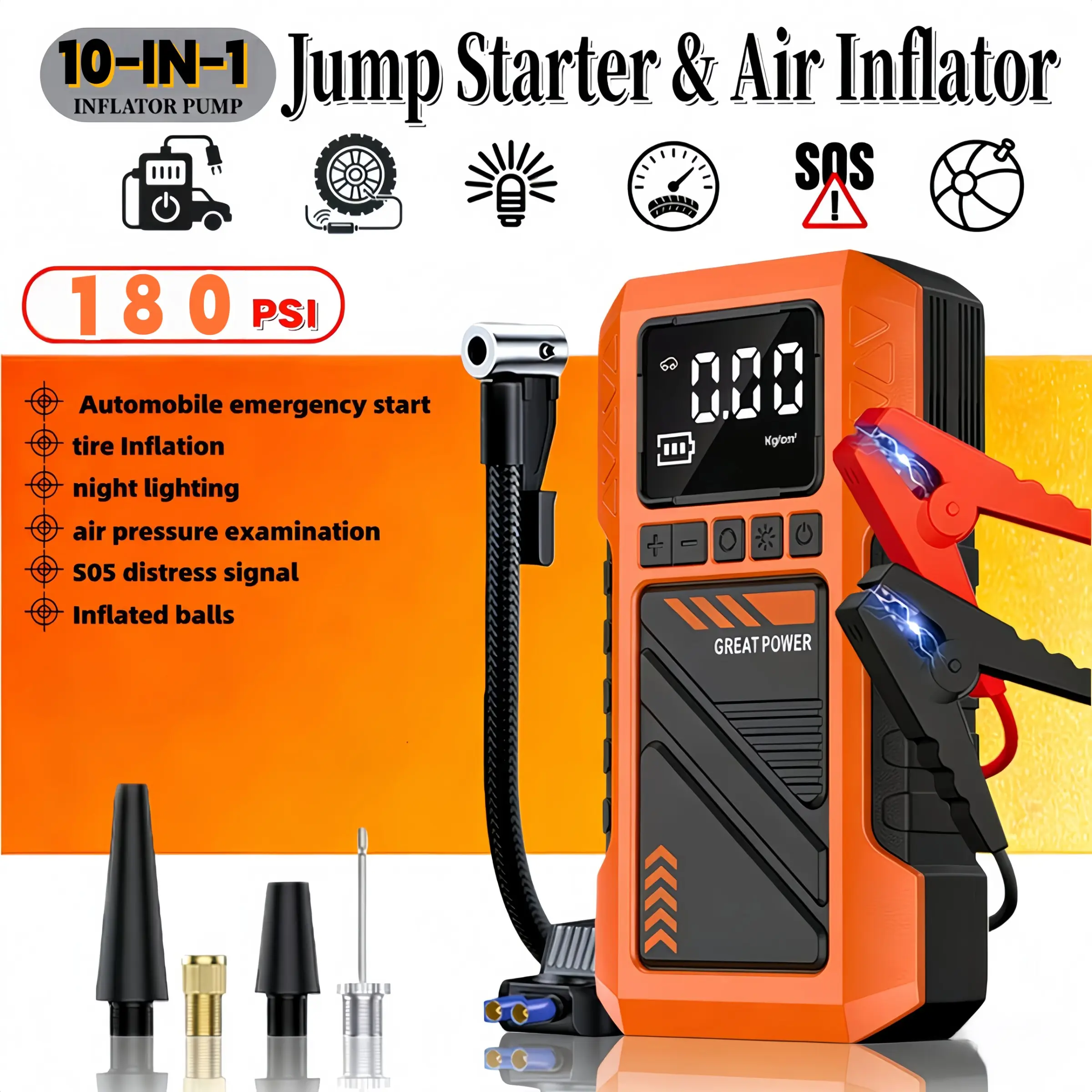 Multi-functional Automotive car emergency starter, Car essentials, 2-in-1 car repair kit (180 psi air compressor and 8000A car start power supply), 12V/24V wireless charger, equipped with alligator clip and inflation accessories, car emergency rescue tool