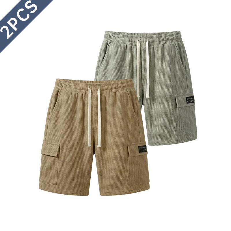 2-pack men’s athletic casual shorts, mid-length shorts for summer with a waffle texture, elastic waistband and drawstring; comfortable and breathable—ideal for the beach, outdoor hiking, everyday wear, and commuting.