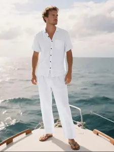 Men's Solid Color Plain Linen Shirt & Pants Set, Casual Fitted Set, Menswear, Regular Fit Casual Comfy Short Sleeve Collared Top & Trousers for Daily Wear, Men's for All Seasons