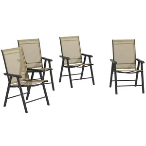 Outsunny Set of 4 Patio Folding Chairs, Stackable Outdoor Sling Patio Dining Chairs with Armrests for Lawn, Camping, Dining, Beach, Metal Frame, No Assembly, Gray