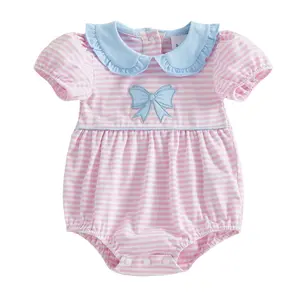 Newborn Baby Girl Striped Bow Bubble Romper Peter Pan Collar Puff Short Sleeve Onesie Bodysuit Jumpsuit Summer Clothes