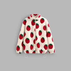 Cider Fleece High Neck Strawberry Pocket Drawstring Oversized Jacket