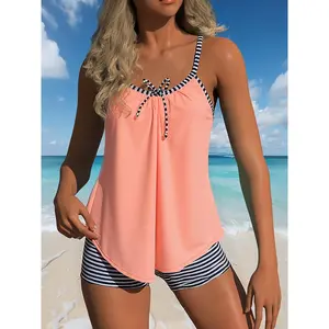 Tankini Pink Striped Printed Lace Up Pleated Casual Elegant Beach Wear Two-piece Swimsuit for Women