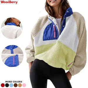 WoodBerry Women's Lightweight Cropped Fleece Pullover Fall Winter Fuzzy Sherpa Sweatshirt Jacket with Pockets Baggy Long Sleeves Casual Tops Outerwear Jacket