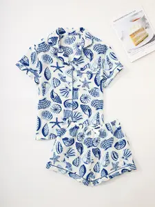Women's All Over Print Shirt & Shorts Pyjama Two-piece Set, Casual Comfy Short Sleeve Collared Top & Shorts PJ Set, Ladies Summer Sleepwear, Loungewear, Pajamas, Womenswear