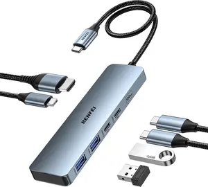 BENFEI USB C HUB 6-in-1 with HDMI(4K@60Hz), 100W Power Delivery, 10Gbps 2*USB-A and 2*USB-C, Silicone Cable, Aluminum Case Compatible with iPhone 15 Pro/Max, MacBook, iPad Pro, iMac, S23, XPS17