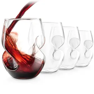 4 Pcs Red Wine Glasses, Stemless Wine Glass Set, European Style Wine Glass Set, Glassware Set, Drinkware, Decanter Glass, Thumb-Twist Twisted Red Wine Glass, Spiral Design, Suitable for Indoor, Outdoor and Everyday Use.