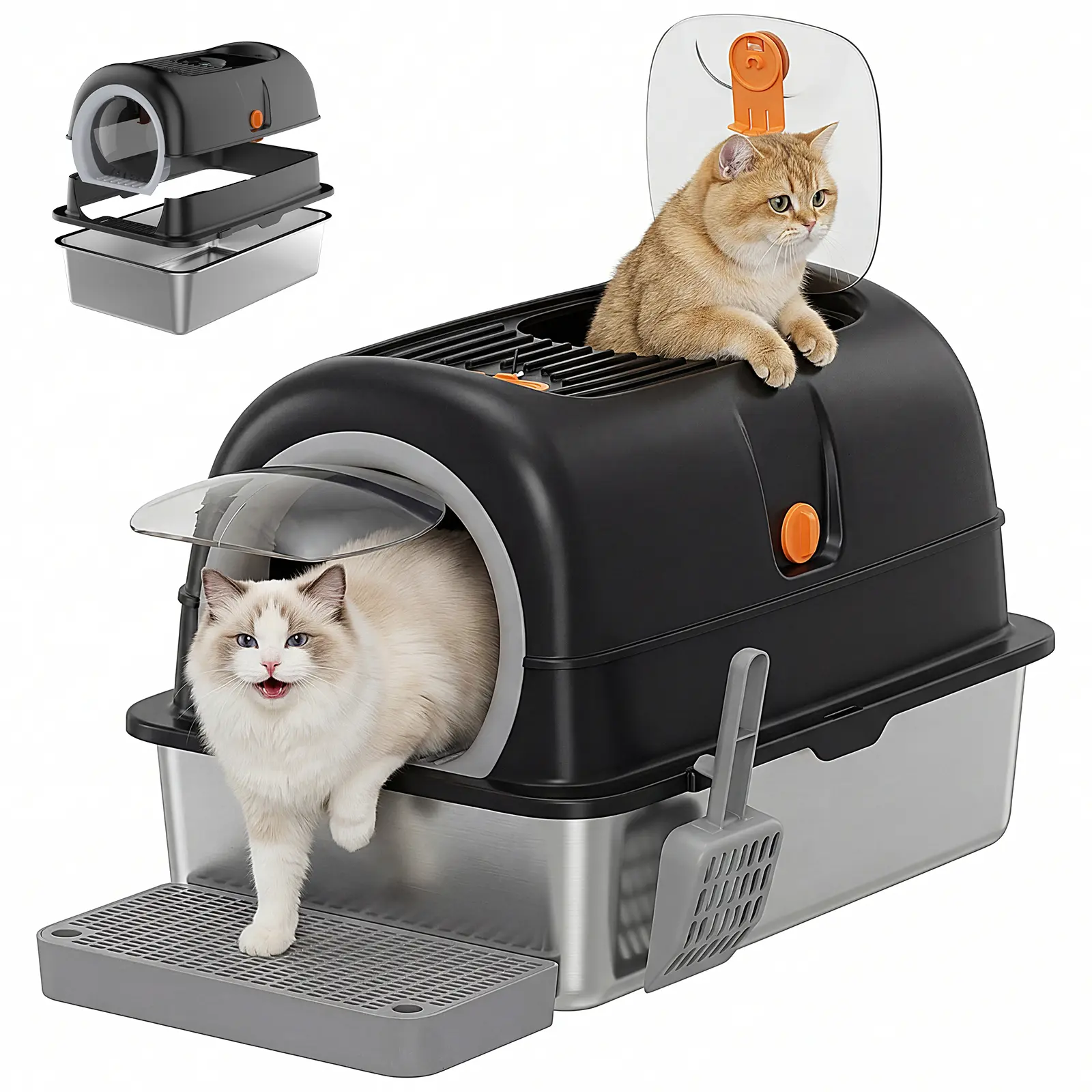 Sweetcrispy Premium Stainless Steel Litter Box with Lid, XL High-Sided Anti-Urine Leakage Easy-Clean Enclosed Tray for Big Cats, Includes Scoop and Mat, Odor-Proof