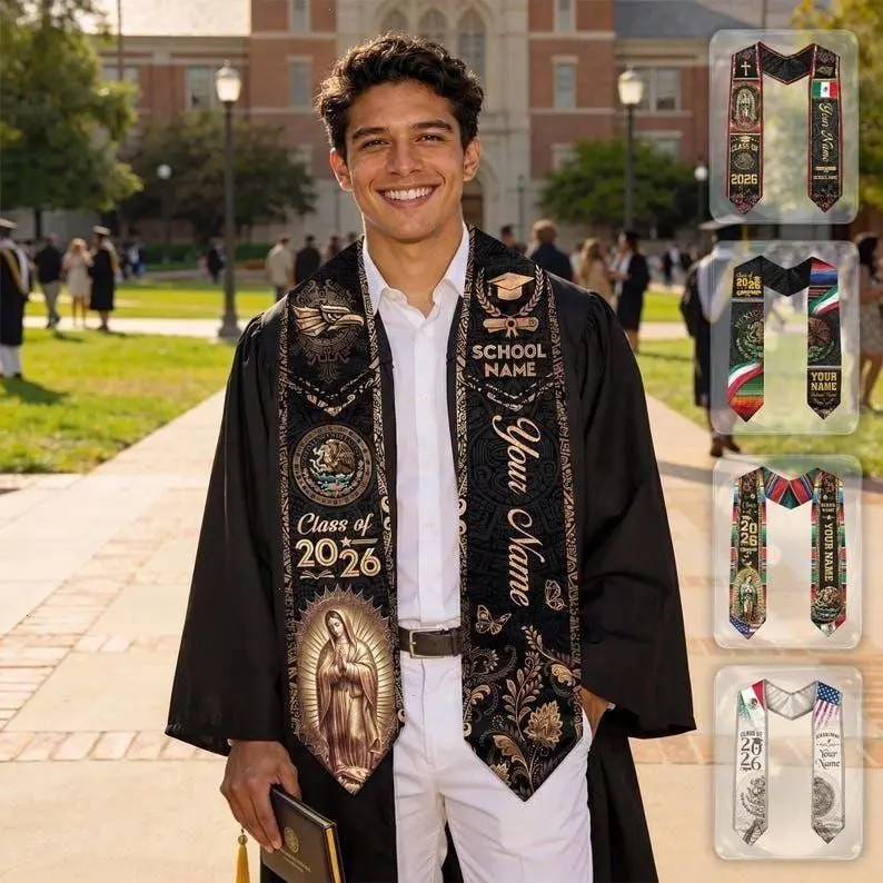 Custom Mexican Graduation Stole, Mexican Flag Graduation Sash 2026, Mexico Pattern Stole, Custom Name & School Sash Senior Graduation Gift