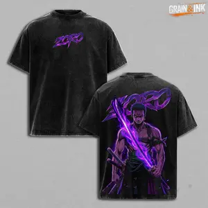 Roronoa Zoro Shirt – One Piece Vintage Acid Washed Oversized Graphic T Shirt, Anime Swordsman Streetwear Dark Aesthetic Purple Energy Heavyweight Cotton Unisex Tee, Gift for Anime Fans