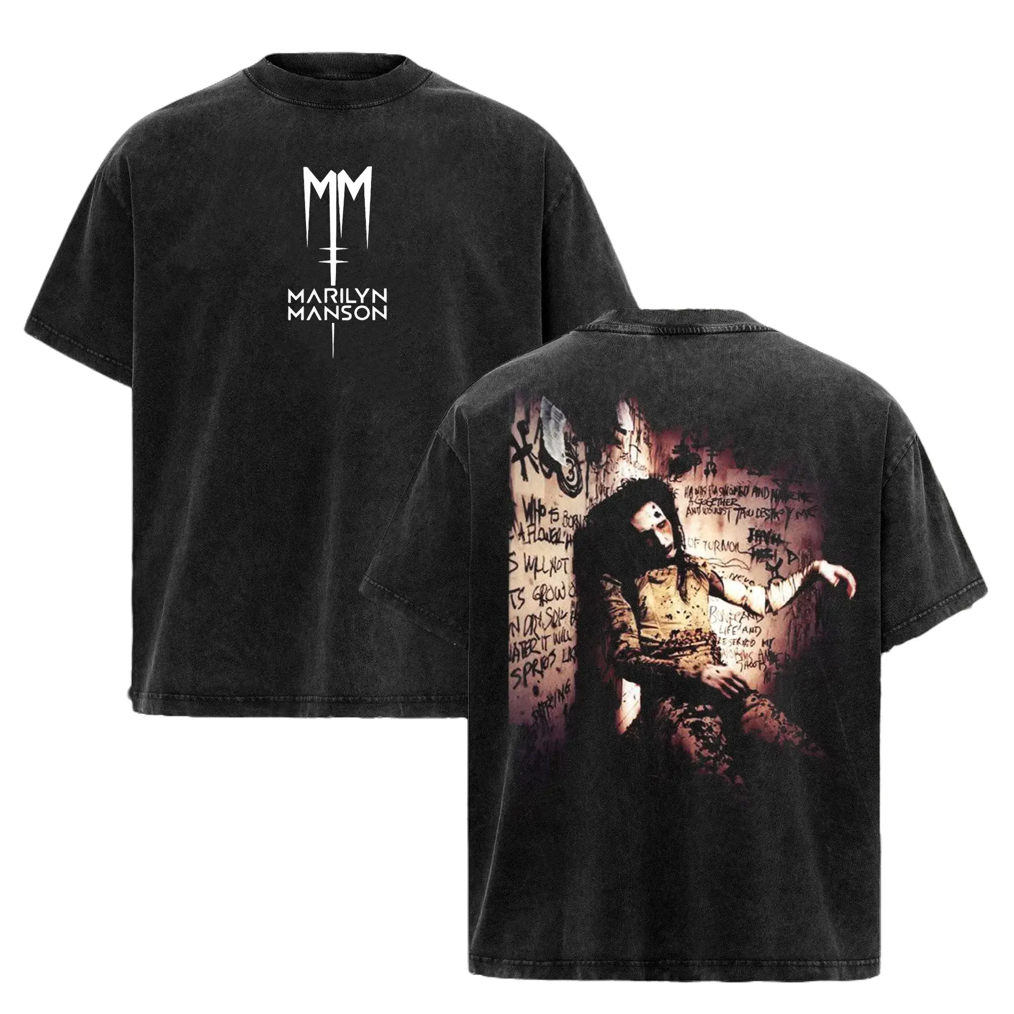 Vintage Marilyn Manson Washed Short-Sleeve T-Shirt - Casual Streetwear Top, Metal Band Rock Tour Merch, 90s Grunge Aesthetic Alternative Menswear