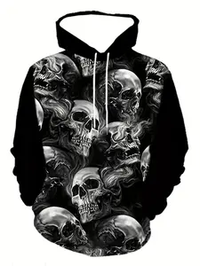Men's Gothic Skull Print Hoodie, Full Skull Pattern, Winter Warm Pullover, Casual Street Style, Graphic Print Hoodie