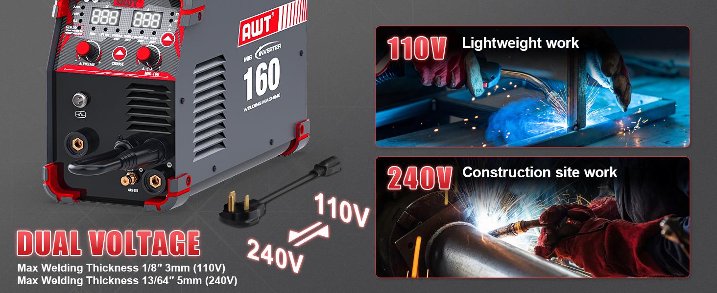 AWT MIG-160 6-in-1 Multi-Process Welder, 160A Dual Voltage 110V/220V Aluminum MIG Welder, Gas MIG, Flux MIG, Stick, Lift TIG, Digital Display Synergic Welding Machine for DIY & Metal Fabrication