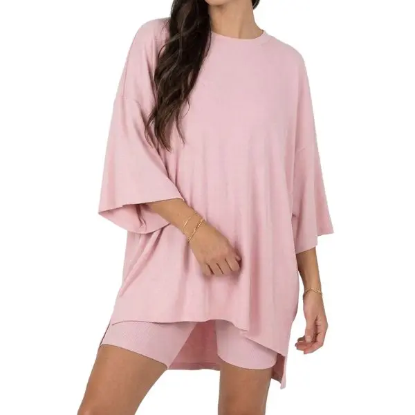 Fisoew Women's 2-Piece Casual Thick Jersey Loungewear Set - Oversized Crew Neck 3/4 Sleeve Side Slit Tunic Top & Ribbed High Waist Baggy Biker Shorts, Modal, Non-See-Through, Ideal for Airport Travel, Coffee Dates (Blush Pink, Chocolate Brown, Black)