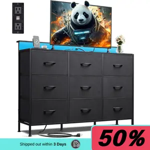 Led Dresser for Bedroom, Black Dresser TV Stand for Bedroom with LED Lights and Power Outlet, Wide Chest of Drawers for Hallway, 9 Fabric Drawers for Living Room and Entryway, Easy to Assemble Entertainment Center with RGB LED Lights & Charging Station