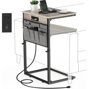 C Shaped End Table with  Station, 33" Tall Side Table for Couch, C Table Adjustable Height Small Couch Side Table, Slide Under Sofa Table TV Tray Arm Table for Living Room, Greige