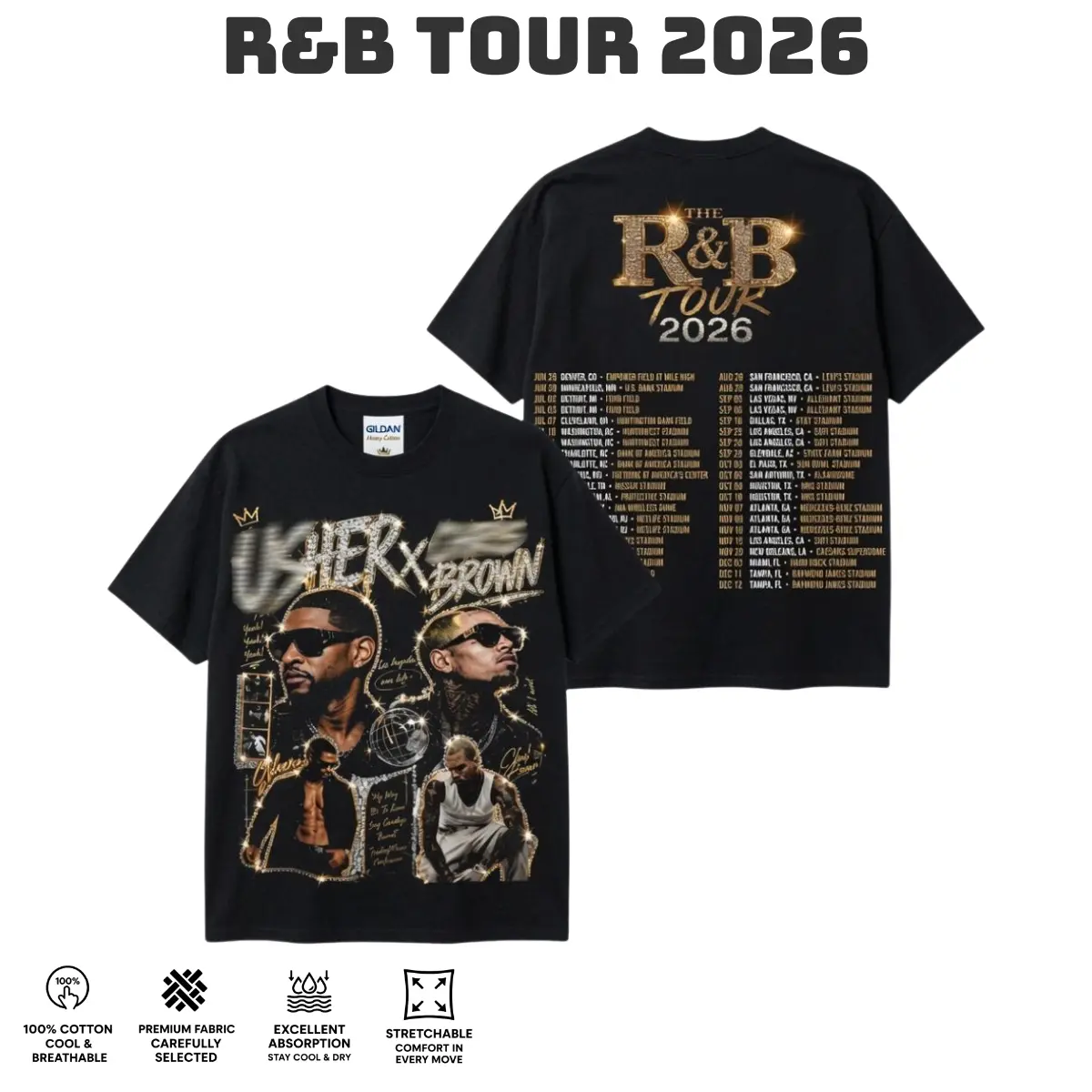 Ch.Brown Usher Raymond The R&B Tour 2026 Unisex Tee , GILDAN T-SHIRT.