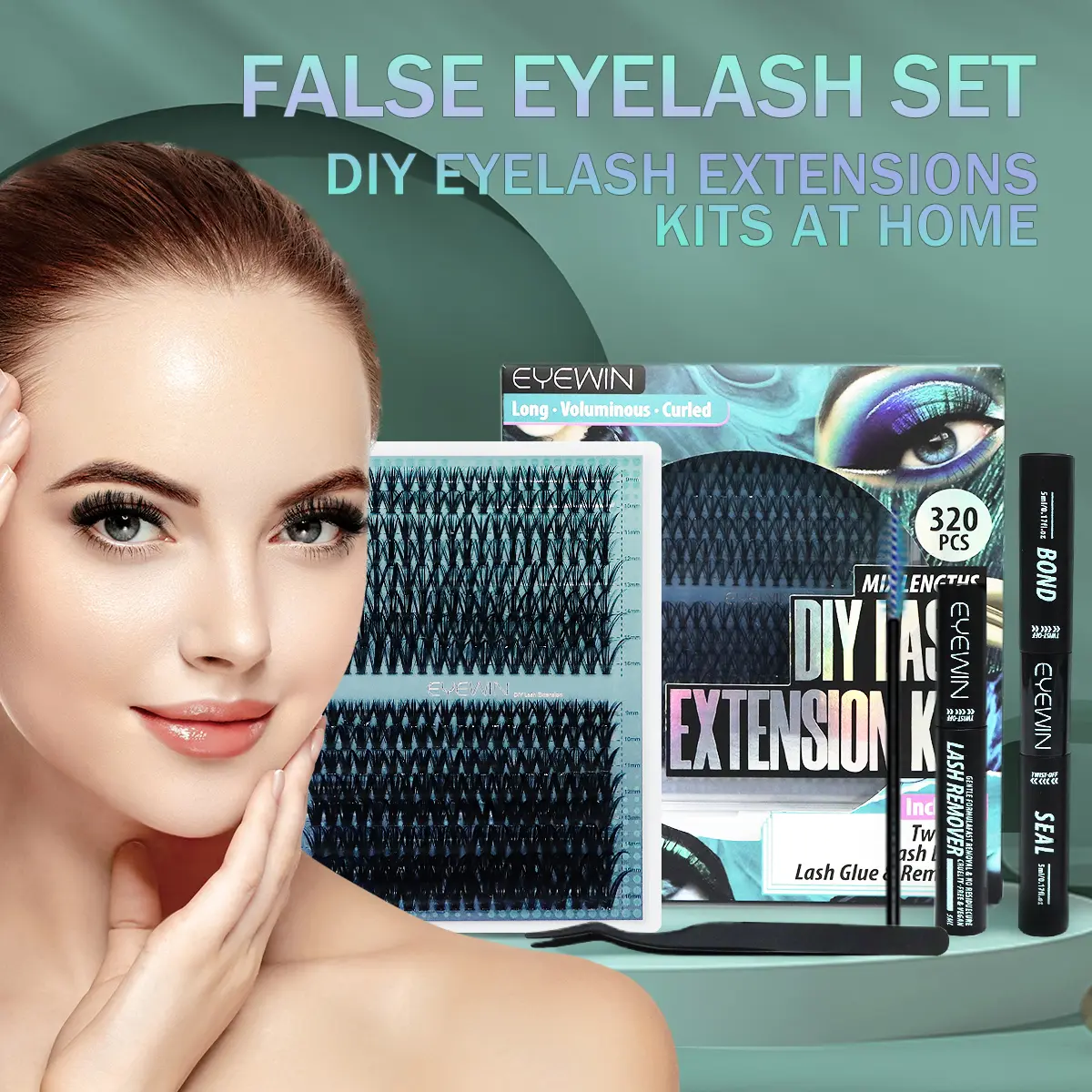 EYEWIN DIY Eyelash Cluster Kit glue tweezer and remover and seal inside, gift for sis and friends angel set lashes eyelash makeup individual lash