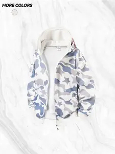 Unisex Camo Shark Zipper Embroidered Long Sleeve Hoodie, Fall Winter Fleece Sweatshirt, Casual Outdoor Pullover, Trendy All-Season Top, Casual Hooded Sweatshirt, Camouflage