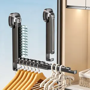 Carbon Steel Non-Porous Suction Cup Invisible Folding Hanger 90° Fold 2-Speed Telescopic for Indoor Clothes Drying Artifact