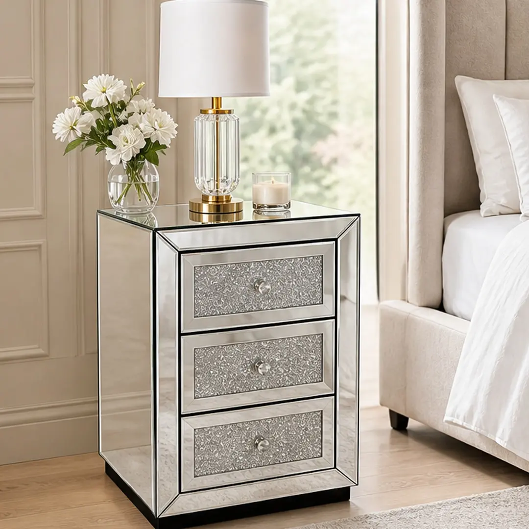 ARCH 3-Drawer Mirrored Shiny Sleek Exquisite Flat-Top Multi-Purpose Nightstand, Silver MDF+Glass Contemporary Bedside Table with Glass Accents, 15.75x15.75x22.8in Storage Cabinet for Bedroom, Living Room, Exquisite Bedside Tables, Flat-Top Bedside Tables