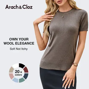 Arach&Cloz 2026 Women's Wool Blend Loose Fit Soft Summer Sweater Short Sleeve Crew Neck Casual Pullover Tops Trendy Outfits SummerVibes
