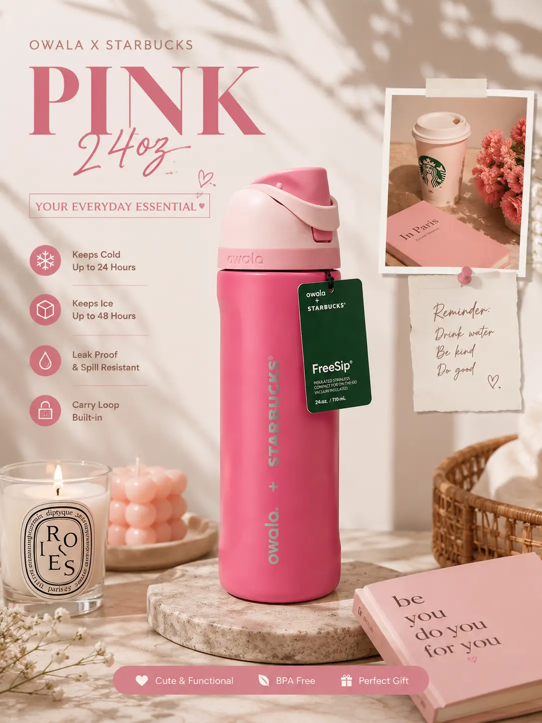 Owala New Pink 24oz FreeSip Water Bottle (collab with Starbucks) – Insulated Stainless Steel Bottle with Straw