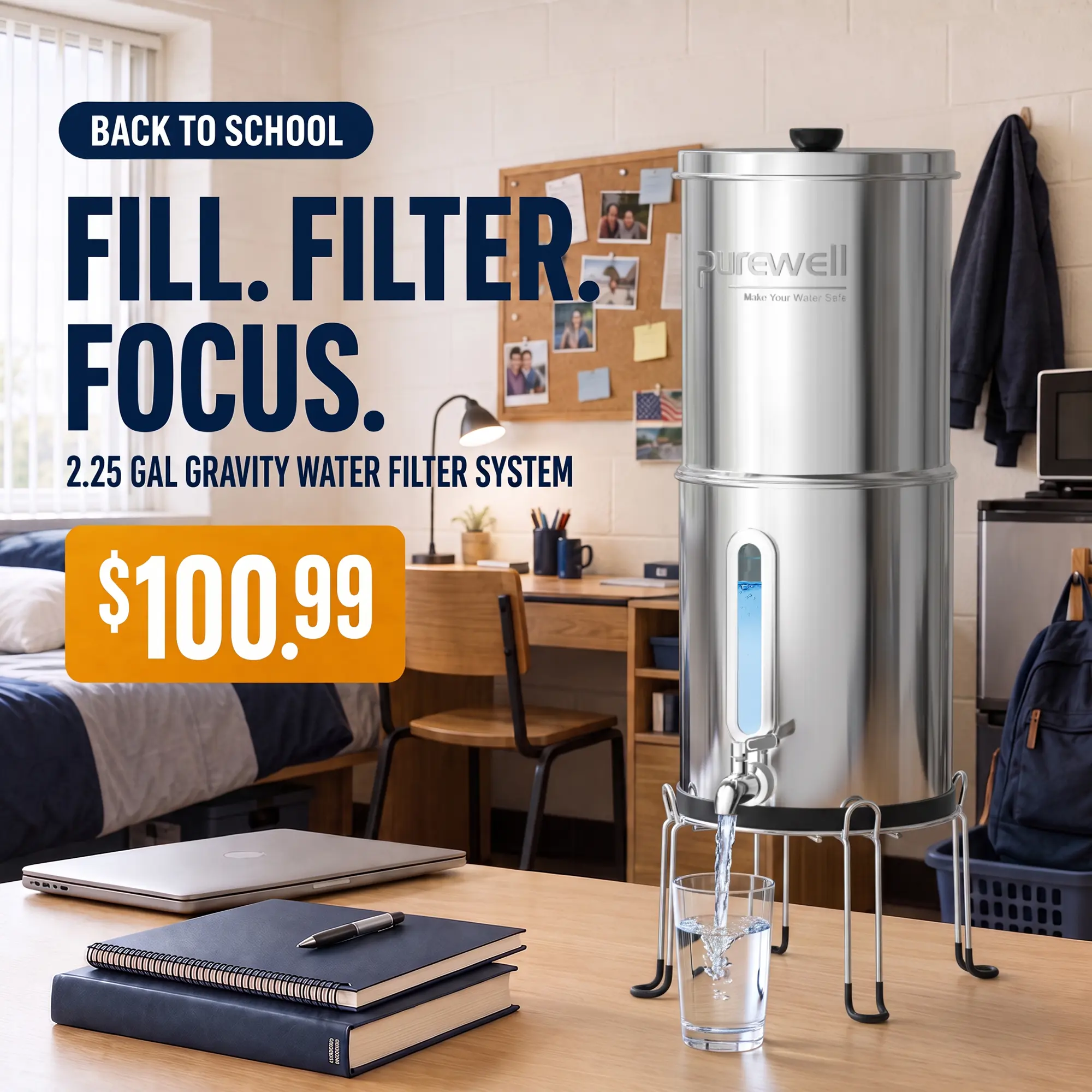 Purewell Flow Gravity Water Filter System - Stainless Steel Reusable Countertop Purifier with Activated Carbon, 2.25 gal cap. Filtration for Home Kitchen Cabin Water Container, Emergency Prep
