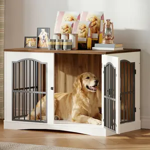 HOOBRO 39.4" Dog Crate Furniture, Heavy Duty Dog Kennel Indoor with 3 Doors, Dog Cage for Medium/Large Dogs, Decorative Pet House Side End Table TV Stand, White and Walnut
