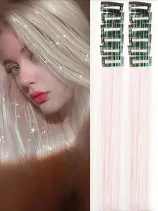 12Pcs Clip In Hair Tinsel Pink Glitter Fairy Hair Extensions Hair Accessories for Women Girls Synthetic Hair Extensions