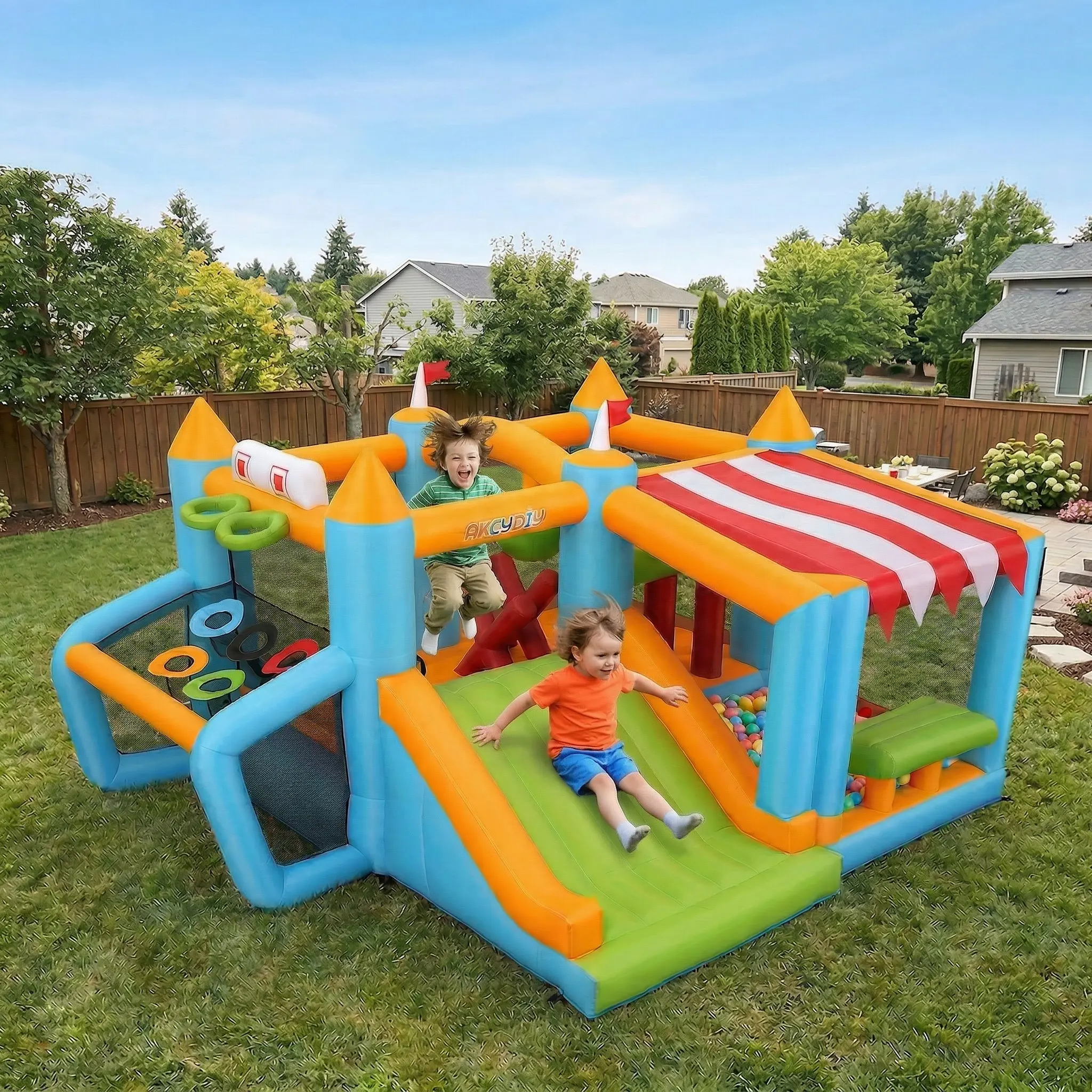 AKEYDIY Inflatable Bounce House - Giant Jumper with Slide, Basketball Hoop, Football Goal, Punching Ball, X-Obstacles & Ring Toss, blower included, Indoor/Outdoor Fun for Parties, Backyards, Parks, 150"×129"×81", The Ultimate Gift for Kids, mothersdaygift