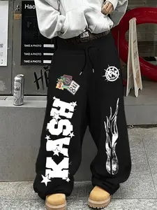 Unisex Flame Print Wide Leg Pants, Loose Fit Adjustable Elastic Waist Drawstring, Street Style Streetwear H-Type Trousers for Punk Rock