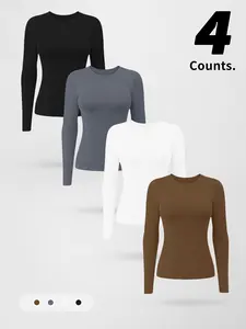 Women's Quick-Dry Long Sleeve Yoga Tops, 3-Pack Tight-Fit Plain Sporty Shirts, Comfortable Breathable Activewear Gym Top for Fall & Winter, Athletic Tops