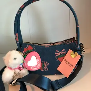 Juicy Couture Strawberry Festival Denim Mini Bag with Scottie Dog Charm and Mirror Charm